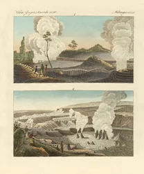 Vulkaner på ön Hawaii (färgad gravyr)