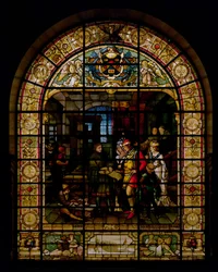 William Caxton visar sin första tryckta bok för Edward IV och hans fru, Elizabeth Woodville 1477, av Mayer and Co., Münchenbaserat företag verksamt i London, ca 1880 (målat glasfönster)