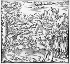 William Tell, illustration från Cosmographie Universelle av Sebastien Munster (1488-1552) Basel, publicerad 1559