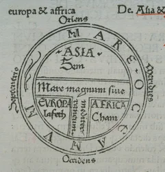 f. 177v T-i-O-karta med ortnamn i boktryck, ur Isidorus av Sevilla, Liber Etimologiarum