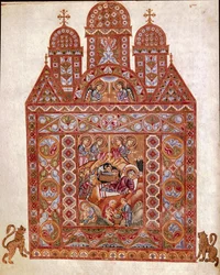 Nativite miniatyr av Codex of Egbert (Codex Egberti) av skolan i Reichenau. 980 ca. Cividale del Friuli, arkeologiskt museum eller Cathedrale de Cividale