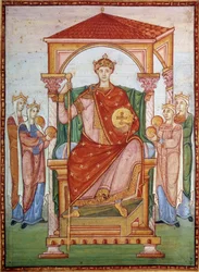 Otto III (980-1002), tysk kejsare, tar emot nationernas hyllning. Miniatyr ur manuskriptet ”Otto III:s evangeliebok”, sent 900-tal. Chantilly, Musée Condé