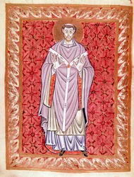 Representation av Saint Nizier av Lyon (513-573) (Nicet, Nicetius eller Nicetus) Miniatyr av Egberts Codex (Codex Egberti) av skolan i Reichenau, omkring 980