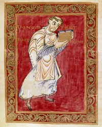 Munken Ruodprecht tar manuskriptet till bågen Egbert de Treves (977-993) Miniatyr av Egberts Codex (Codex Egberti) av skolan i Reichenau. Cividale del Friuli, Museo Archeologico eller Cathedrale de Cividale