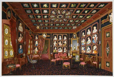 Konversationssalong i Villa Lazarovich, Triestes residens för Maximilian av Habsburg (1832-1867), tempera av Germano Prosdocimi