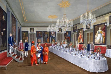 Matsal med serie porträtt av Habsburgska kejsare, målning av Josef Kiss, Villa Lazarovich, Maximilian av Habsburgs residens i Trieste (1832-1867), tempera av Germano Prosdocimi