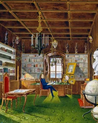 Biblioteket i Villa Lazarovich, Triestes residens för Maximilian av Habsburg (1832-1867), tempera av Germano Prosdocimi