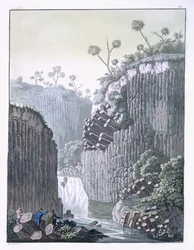 Utforskare från Humboldts expedition i basaltklipporna vid Regla, Mexiko, plansch 60 från "Le Costume Ancien et Moderne" av Jules Ferrario, publicerad på 1820-30-talen.