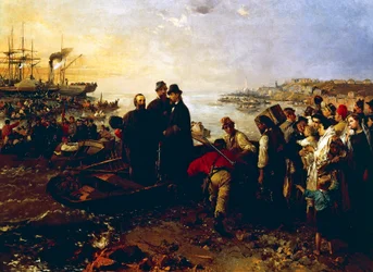 Boarding of the Thousand at Quarto, cirka 1860, av Gerolamo Induno (1825-1890), olja på duk