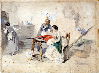 Milanesiska kvinnor gör den italienska trefärgade flaggan. Akvarell av Gerolamo (Girolamo) Induno (1825 - 1890). Milano, Risorgimentos museum.