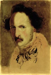 Porträtt av Gaetano Donizetti (1797-1848) (olja på papper på duk)