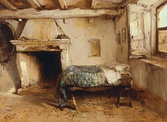 Rustik interiör, av Gerolamo Induno (1825-1890), olja på trä, 27,5 x 37,7 cm.