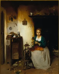 Ung kvinna som spinner ull, hennes uttryck är sorgligt och hennes inre bedrövligt. Målning av Gerolamo (Girolamo) Induno (1825-1890) Dim. 65x52 cm Genes Nervi, Galleria d