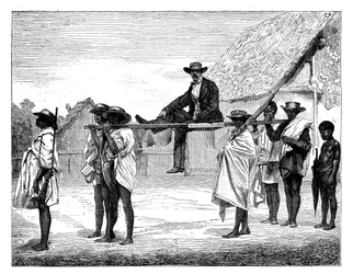 Afrikanska infödda bär på en vit man, Afrika, 1800-talet.