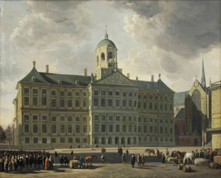 Utsikt över dammen med det nya rådhuset, Nieuwe Kerk och Waag, Amsterdam