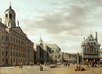 Dam Street och det nya stadshuset i Amsterdam, Nederländerna ...