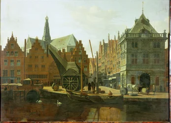 Haarlems hamn med offentliga vågskålar och Saint Bavons torn i bakgrunden