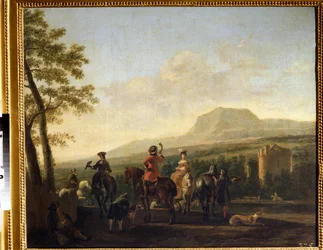""Falkejakten"" (falkejakt) Målning av Gerrit Adriaensz Berckheyde (1638-1698) 1600-talets Pushkin-museet Moskva