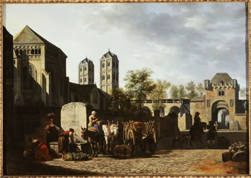 Offentlig fontän och S:t Gereons kyrka i Köln, ca 1670 (olja på trä)