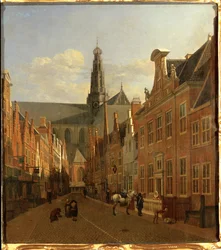 Gata i Haarlem med S:t Bavon-kyrkan i bakgrunden (olja på ek)