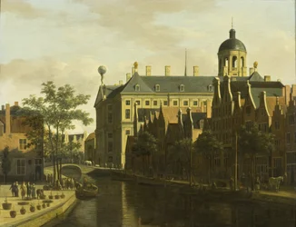 Nieuwezijds Voorburgwal med blomster- och trädmarknaden i Amsterdam, c.1675