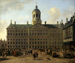 Tyska: Dam Square i Amsterdam med stadshuset och vågskålarna Amsterdams stadshus på Dam Square