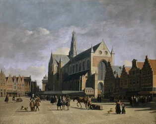 Utsikt över Grote Markt och Grote Kerk eller St.-Bavokerkyrkan i Haarlem