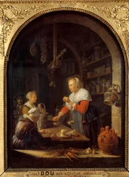 Byns köpman (med porträttet av målaren i bakgrunden) Målning av Gerard Dou (1613-1675) 1647 Sön. 0,38x0,29 m