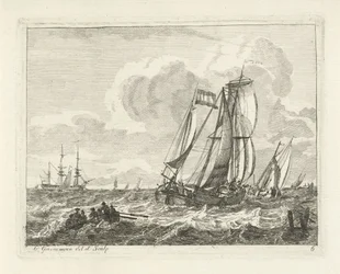 Segelfartyg och en roddbåt på öppet vatten Havslandskap med skepp (serietitel)
