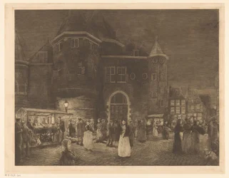 Marknad på Waag på Nieuwmarkt i Amsterdam på natten
