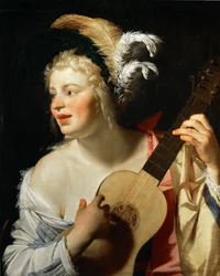 Kvinna som spelar gitarr, 1624.