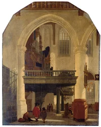 Den västra änden av Oude Kerk, Delft, från södra gången till norr med orgelloftet