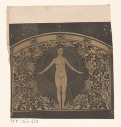 Design för ramen för en kalender från 1901 med en kvinna och blommor
