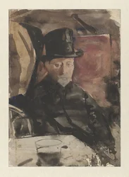 Sittande man med hög hatt på ett café