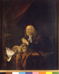En misstroende man räknar sina pengar genom att hålla en plånbok i handen. Målning av Gerard Dou (eller Gerrit Dow) (1613-1675) 1600-talets Milan Museo del castello