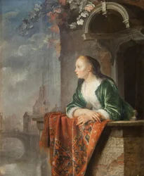 Ung kvinna på en balkong - Ung kvinna på en balkong - Gerard (Gerrit) Dou (1613-1675). Olja på duk, ca 1665. Nationalgalleriet, Prag