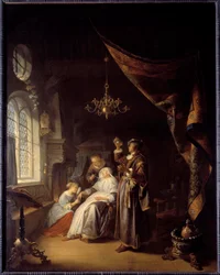Den vattusiktiga kvinnan. En läkare undersöker urinen från en kvinna med vattusot. Målning av Gerard Dou (1613-1675). Ec. Hol