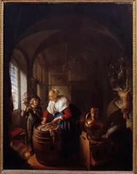 Musen. Ett barn visar sin mamma en musfälla. Målning av Gerard Dou (1613-1675), Hol.