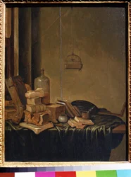 Stilleben med böcker. Målning av Gerrit van Vucht (1600 eller 1620- ca 1697). Olja på trä, 34 x 28 cm. Holländsk skola från 1600-talet. Pushkin Museum of Fine Arts, Moskva.