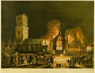 East, South and Cross Churches, Dundee [som de dök upp i brand på morgonen söndagen den 3 januari 1841] (efter George McGillivray), c.1841 (litografi)