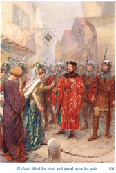 "Richard lyfte på huvudet och tittade på sin fru", illustration från "Shakespeares berättelser om de engelska kungarna", publicerad av George Harrap & Son