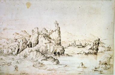 Ett slott på en klippa i bergslandskapet, 1540.