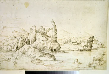 ""A Castle on a Rock in Mountainscape" (A Castle on a Rock in Mountainscape) Brunt tuschteckning av Gherardo Cibo (1512-1600) 1540 Pushkin Museum, Moskva