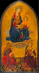 The Adoration of the Virgin and Child av Saint John the Baptist and Saint Catherine - The Adoration of the Virgin and Child av Saint John the Baptist och Saint Catherine - Målning av Gherardo Starnina (ca 1364-1413) - Slutet av 1300-talet. - Tempera på pan