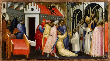 Saint Hugh of Avalon (1140-1200) eller Saint Hugh of Lincoln exorciserar en man besatt av djävulen - Saint Hugh of Lincoln exorciserar en man besatt av djävulen - Målning av Gherardo Starnina (ca 1364-1413) - 1404-1407 - Tempera på panelen - 28,4x50,4 -
