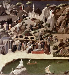 Eremiternas Thebaid, detalj. Beskrivning av eremiternas liv i öknen. Tillskriven Gherardo Starnina (1300-1400-talet). Omkring 1400. Mått 2 x 0.8 m. Florens, Galleria degli Uffizi