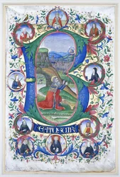 Kung David vid bön inom ett mycket stort initialt "B", omringen med tio stora rundlar som vardera innehåller porträttet av ett helgon, ca 1500
