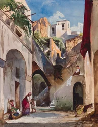 Hus på Costiera på den sorrentinska halvön, med tillägg av prinsessan Maria Annunziata di Borbone (1843-1871), 1853 (penna, wc och gouache på papper)