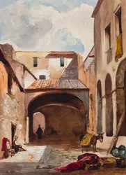 Passage och gata med figurer, med tillägg av en Borbone-elev, möjligen prins Alfonso Maria di Borbone (1841-1934), 1853 (penna, wc och gouache på papper)