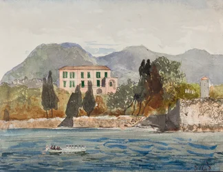 Roddpråm med Borbone-flaggan närmar sig ett stort hus på den napolitanska kusten, med tillägg av prins Gaetano Maria Federico di Borbone (1846-1871) (penna, wc och gouache)